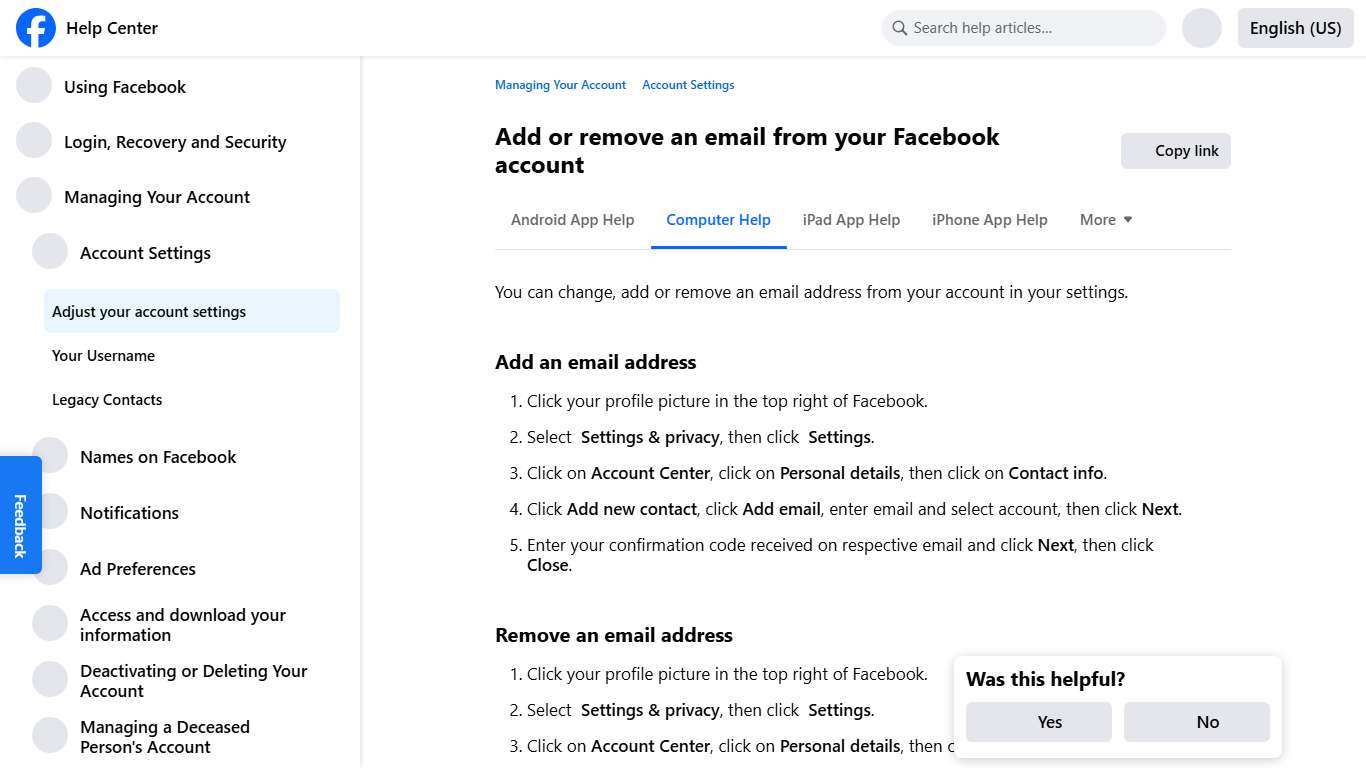 Add or remove an email from your Facebook account Facebook Help Center